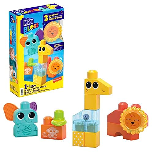 Image of MEGA BLOKS Fisher-Price Sensory Building Toy, Rock n Rattle Safari with 15 Pieces, Rattle and Bells, Toddler Blocks Gift Ideas for Kids Age 1+ Years, HKN42