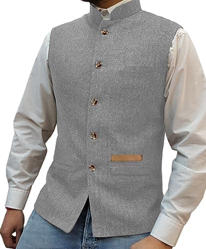Image of Yiaisafa Mens Mock Neck Vests Tweed Waistcoats Stand-up Herringbone Retro Groomsman Lined Vintage Wool Wedding Hunting (Silver,L)