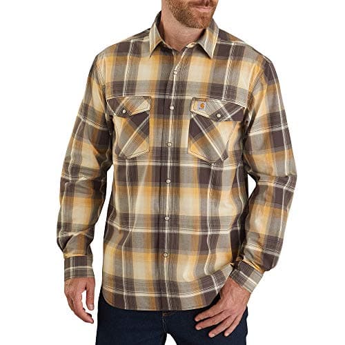Image of Carhartt Men's Petite Rugged Flex Relaxed Fit Lightweight Long-Sleeve Snap-Front Plaid Shirt, Dark Brown, 14 R