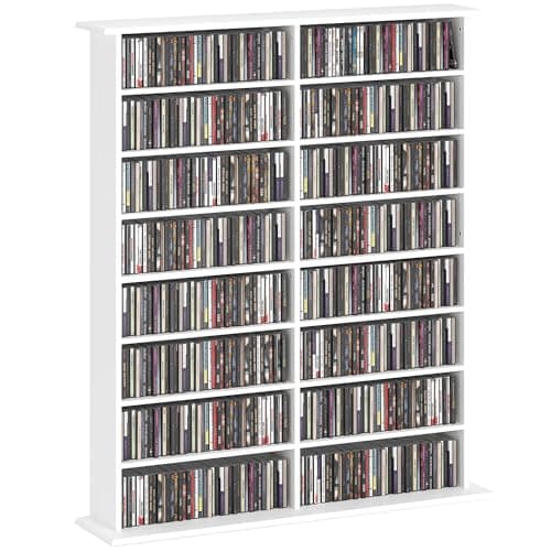 Image of HOMCOM 720 CD/396 DVD Storage Unit, 396 Blu-ray Media Storage Shelf with 16 Compartments and 12 Adjustable Shelves, CD Tower for Living Room, Bedroom, Office, White