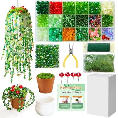 Image of Nymora Green Glass Beads Set - Beaded Plant Kit with Green Beads, Leaf Beads & Flower pots, pliers for Succulent Making, Bead Plant & Flower Kit