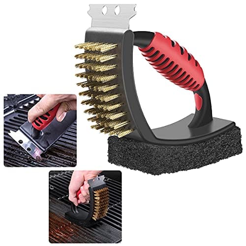 Image of BBQ Grill Brush Barbecue Cleaning Brush 3 In 1 Barbecue Cleaner Tools Steel Scraper Scouring Pad Copper Wire Brush Heavy Duty Grill Cleaning Kit with Heat Insulation Handle (Red-handle)