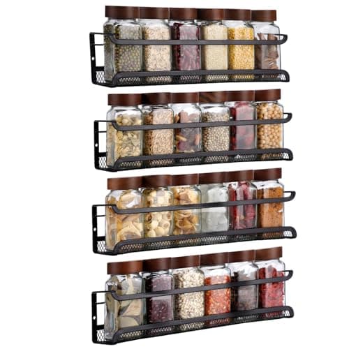 Image of Amalan 4-Tier Spice Rack Wall Mounted-Black Metal Organiser with Mesh Base (No Drilling Needed)-Includes Adhesive Pads&Screws-For Kitchen Cupboard,Pantry or Bathroom-29x7x7cm