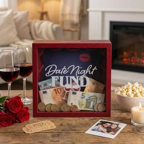 Image of MIJOMA Wooden Money Box with Glass Front - Decorative Saving Frame for Money Gifts for Wedding, Birthday, Travel & More - Creative Money Box (Date Night Fund - Red, 20 x 20 x 5 cm)