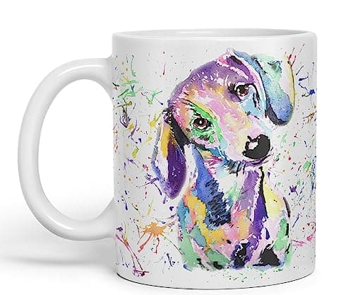 Image of Vixar Dachshund Dog Sausage Wiener Badger Pet Watercolour Rainbow Art Coloured Mug Cup Gift Birthday Work Office Christmas Tea Coffee (White)