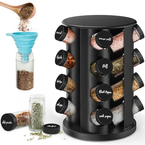 Image of IPEB Rotating Spice Rack Organizer with 16 Spice Jars Revolving Stainless Steel Seasoning Rack with Stickers and Folding Funnel for Countertop or Cabinet, Black