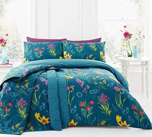 Image of Dreams & Drapes - Ingrid Floral Print Reversible Duvet Cover Set, Teal,2 pieces, Single