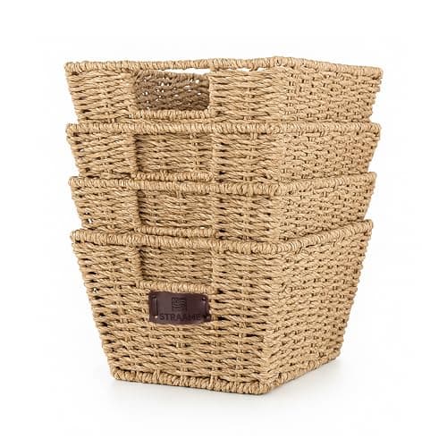 Image of Straame Seagrass Storage Baskets Set of 4 - Handwoven Wicker Organisers with Handles, Steel-Reinforced Frame, Nesting Design - 30 x 22 x 15 cm, Natural seagrass material for Shelves, Bathroom and Home