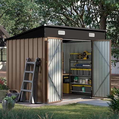 Image of Aoxun 8x6 ft Metal Garden Shed with Sloping Roof, 225x191x193 cm Galvanised Steel Storage Unit for Tools & Bikes, Weatherproof Outdoor Workshop for Garden, Backyard, Outdoor