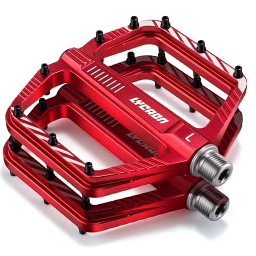 Image of LYCAON Bike Cycling Pedals, CNC Machined Aluminum Alloy Durable Non-Slip Bicycle Pedal, CR-MO & Bearings Pedals for 9/16" Universal Cycling MTB BMX Mountain Road Bike Pedals (Red)