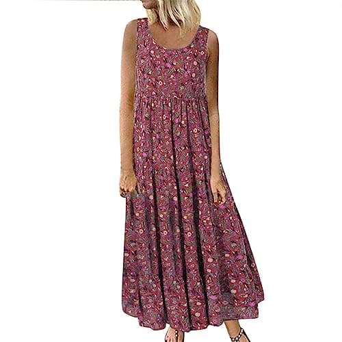 Image of luoluoluo Plus Size Women's Vintage Bohemian A Line Maxi Dress UK Size 20 (3XL) #14 Polka Dots Graphic Sleeveless Crew Neck Loose Casual Evening/Black-tie, Casual Dress