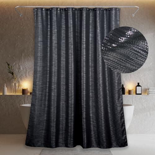 Image of Black Glitter Shower Curtain: Silver Sparkle Bling Shiny Metallic Shimmer Shower Curtain for Bathroom - Anti Mould Water Repellent Washable Polyester Shower Curtain for Wet Room - 183 x 183cm Drop