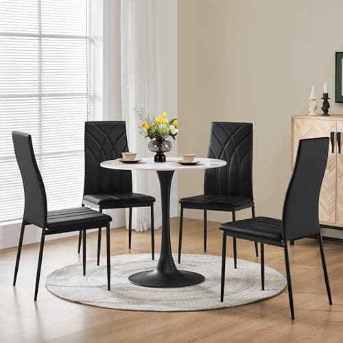 Image of Yaheetech Set of 4 Dining Chairs Modern Dining Room Faux Leather Kitchen Chairs with Petal Accented Back and Sturdy Metal Legs for Dining Room, Kitchen, Black