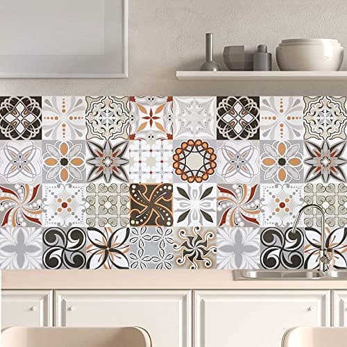 Image of 20pcs Vintage Tile Stickers, Kitchen Bathroom Wall Tile Stickers Peel and Stick on Tile Transfers Covers Decals Self Adhesive Vinyl Waterproof Grey Beige Moroccan Mosaic Art (15cm x 15cm, 6x6 inches)