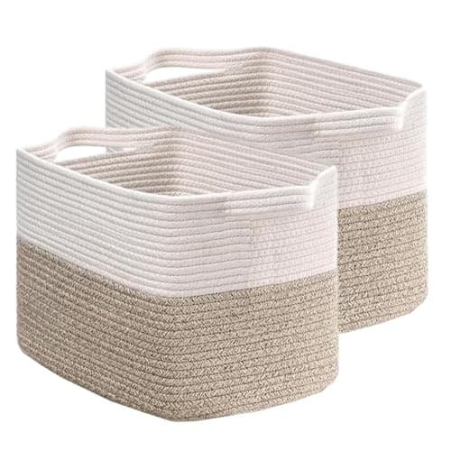 Image of YOUNTHYE 2Pack Cotton Rope Storage Basket, Woven Baskets with Handles, Medium Bathroom Rope Basket Set, Woven Storage Basket for Towel Blanket Toy Storage