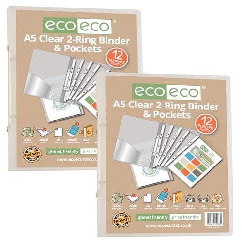 Image of eco-eco A5 65% Recycled Clear Presentation Ring Binder with 12 Multi Punched Pockets, Pack of 2, eco173x2