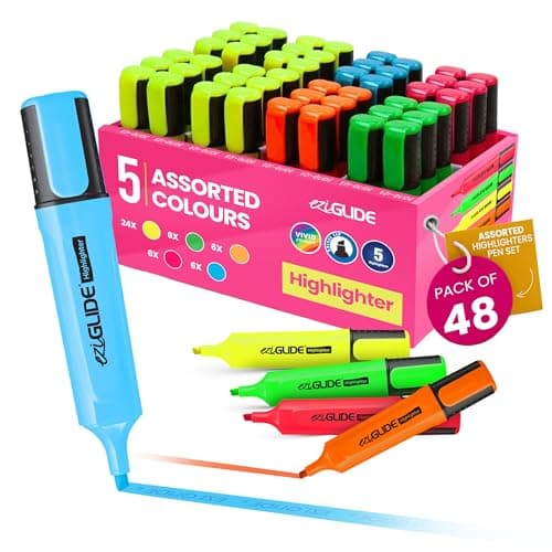 Image of Eziglide Highlighters Pens 48-Pack, 5 Assorted Colours - Neon Assorted Chisel Tip Marker for Bold & Fine Marking, 1-4.5mm Line for Clear Marking, Ideal for Schools, Universities, & Offices