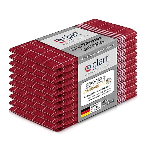 Image of Glart 48RI2 Set of 10 Kitchen Towels 50x70 cm made of 100% Cotton in red, OEKO-TEX Standard 100 certified, lint-free, washable, prewashed for kitchen and dishwashing.