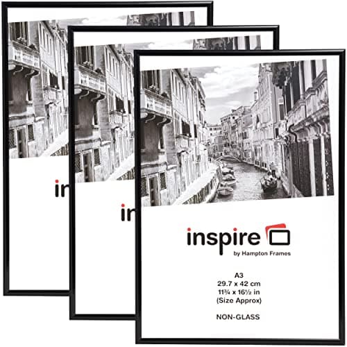 Image of Hampton Frames Backloader A3 Poster Frame Pack of 3 | Black, Acrylic (Non-Glass), 29.7x42cm | Lightweight, Drop-In Back, Swivel Clips | Wall Mount Photo Display