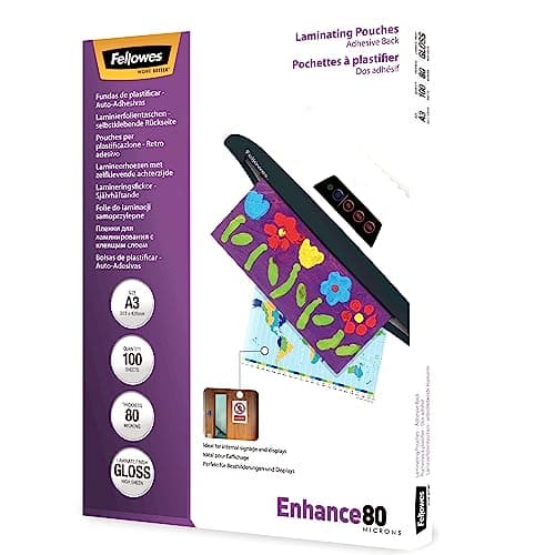 Image of Fellowes A3 Laminating Pouches - Gloss Finish - 100 Sheets, 160 Micron (2x80) Clear & Durable Laminating Pouch with Adhesive Backing - Can be Easily Displayed on Walls or Desktops
