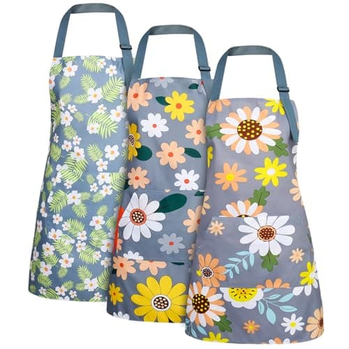Image of Heyu-Lotus 3 Pcs Multicoloured Floral Women's Aprons, Kitchen Aprons with Pocket, Waterproof, Adjustable, E Size