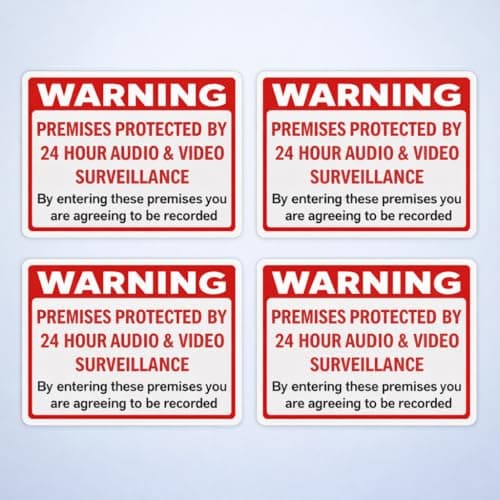 Image of Inside Window CCTV Warning Stickers – Printed Side is Sticky | 24 Hour Audio & Video Surveillance | 4 Pack | 100mm x 70mm