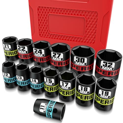 Image of KIRXST 1/2 Inch Drive Impact Socket Set, 14 Piece Shallow Sockets 11-32 mm, Metric Socket Set for Automotive Trucks Tractors Engines Repairing DIY Mechanic Tool