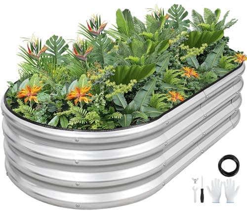 Image of Galvanized Metal Raised Garden Bed Kit - 120x60x30CM Outdoor Planter Box with Safety Edging and Gloves for Vegetables, Fruits, Flowers.Silver-1pack