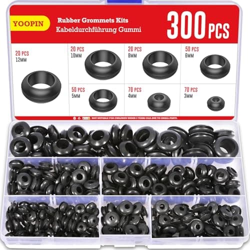 Image of YOOPIN 300PCS Rubber Grommets Kits, 7 Assorted Sizes Rubber Grommets for Holes, Black Electrical Cable Holes, Conductor Gasket Ring Grommet, Electrical Wire Gasket for Protecting Wires, Plug