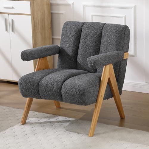 Image of chairus Modern Chenille Armchair for Living Room Accent Chair with Solid Wood Legs, Comfy Lounge Chair with Armrests, Upholstered Single Sofa for Bedroom, Gray