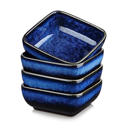 Image of vancasso Stern Blue 4-Piece Saucer Dish Set, Reactive Glaze Dipping Snack Bowl, Ceramic Small Serving Dish/Condiment Dish/Seasoning Bowl/Sushi Soy Dish, Square (9.5x9.5x3.8cm)