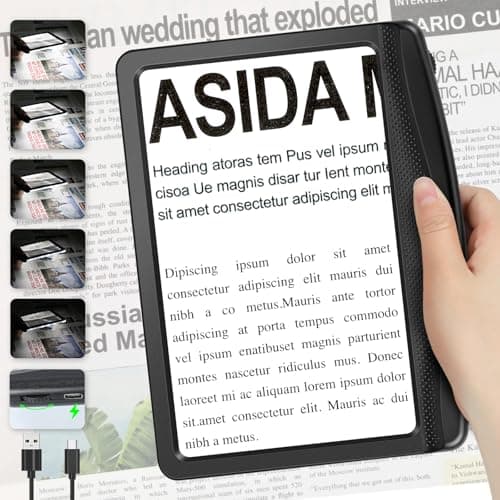 Image of 5X Rechargeable Magnifying Glass for Reading, Full Page Magnifier with Dimmable LED, Lightweight HandHeld Magnifying Glass with Light for Reading Books, Newspaper, Small Print for Seniors