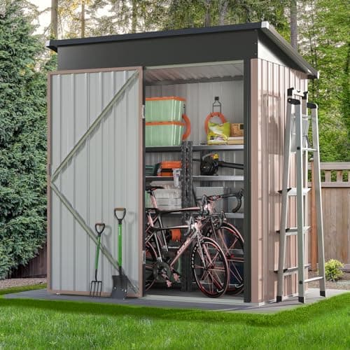 Image of Aoxun 5x2.7 FT Outdoor Metal Storage Shed - Durable Water-Resistant Galvanized Steel, Sloping Roof Design, Lockable Door - Ideal for Tool Storage on Lawn, Patio & Backyard (Brown)