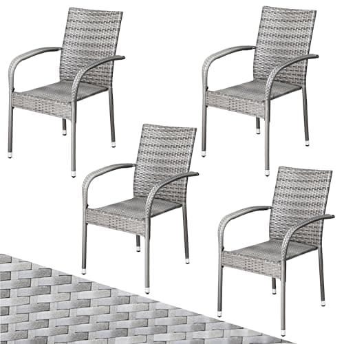 Image of CASARIA® 4 Piece Polyrattan Stacking Garden Chair Set | Stackable Weatherproof Outdoor Chairs with Armrest | 160kg Capacity | Camping Patio Balcony Deck Seating | Grey