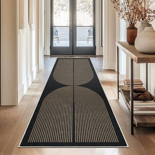 Image of Capslpad Runner Rug for Entryway 80x200cm Non-Slip Hallway Carpet Runner Washable Jute Look Rug Kitchen Runner Durable Floor Area Rug Runners for Living Room Bedroom Balcony Corridor, Brown Black