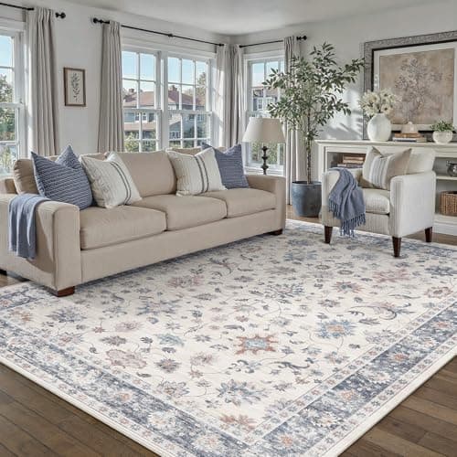 Image of PureCozy 160x230 cm Washable Rugs Living Room, Floral Vintage Soft Area Rugs with Non-Slip Backing, Machine Washable, Lightweight Low-Pile Carpet for Office Dining Room, Blue & White
