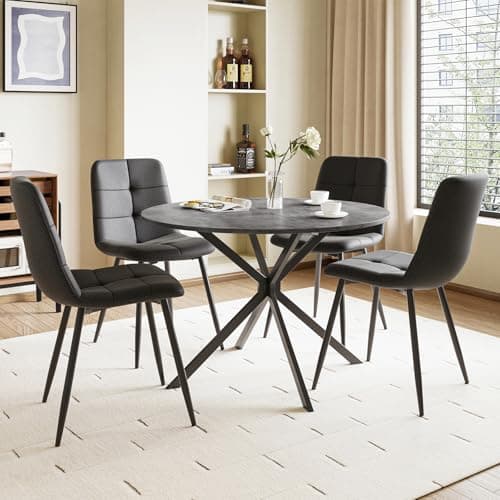 Image of Luxstein Round Dining Table and Chairs Set 4, 100cm Concrete Effect Folding Table with 4 Black Upholstered Linen Chairs for Dining Room, Kitchen