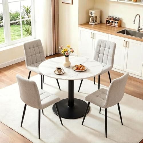 Image of Warmiehomy Round Dining Table and Chairs Set 4, White Marble Wooden Small Kitchen Dining Room Table and 4 Chairs for Small Spaces, Living Room, Receptions, (White & Grey, 5pcs)