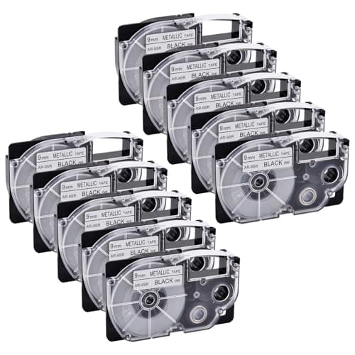 Image of NineLeaf Compatible for Casio Label Maker XR-9SR AR-9SR 9mm x 8m Black on Silver Label Tapes for Casio KL-60 100 120 200 300 750 780 820 2000 7000 7200 7400 8100 8200 P1000 Label Printers, 10PK