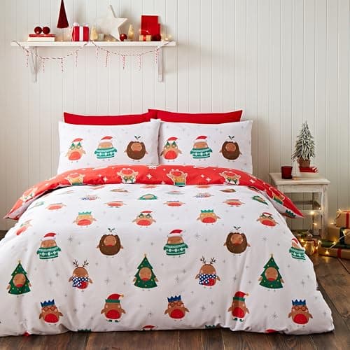 Image of Catherine Lansfield Christmas Party Robins Reversible Single Duvet Cover Set with Pillowcase Grey