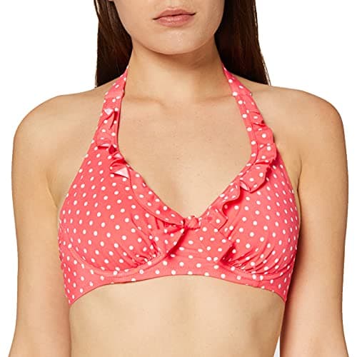 Image of Pour Moi? Women's Hot Spots Halter Underwired Top Wired Polka Dot Bikini Top, Pink (Coral Coral), 32C (Manufacturer Size:32C)