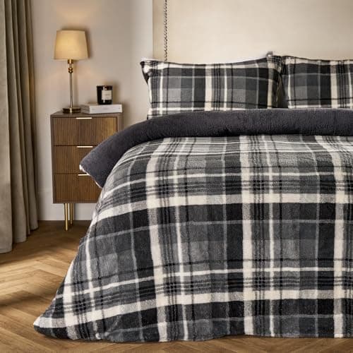 Image of OHS Teddy Fleece King Size Duvet Cover Set, Super Soft Warm Thermal Teddy Bear Bedding Classic Tartan Check Fluffy Cosy King Size Bedding Set with Pillowcases, Charcoal Grey