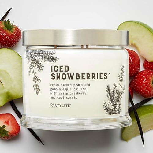 Image of PartyLite 3-Wick Frosted Blueberry Scented Jar Candle, Apple, Blackcurrant, Cranberry, Peach, Strawberry, Berry, Vanilla, and Musk Notes, 13.2 oz / 374.2 g, 45 Hours Burn Time, Fragrance