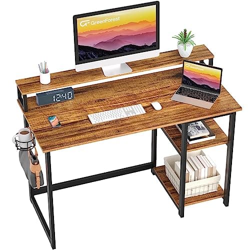 Image of GreenForest Computer Desk with Full Monitor Stand,100 cm Home Office Desk with Reversible Storage Shelves,Small Study Desk with Headphone Hook and Cup Holder,Brown