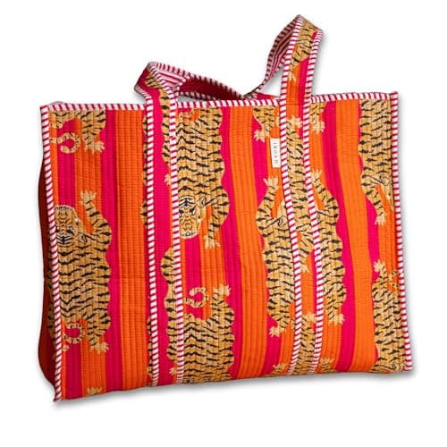 Image of IBOAH Large Handmade Quilted Cotton Tote Bag with Tiger Print and Stripe Details - Versatile Tote Bag for Beach, Shopping, Travel, Airplane and Daily Use, Orange Tigers