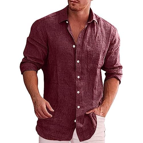 Image of Men's Casual Button Down Shirt Long Sleeve Linen Chambray Shirt Big and Tall Regular Fit Lightweight Solid Plain Casual Tee Shirts Tops Red