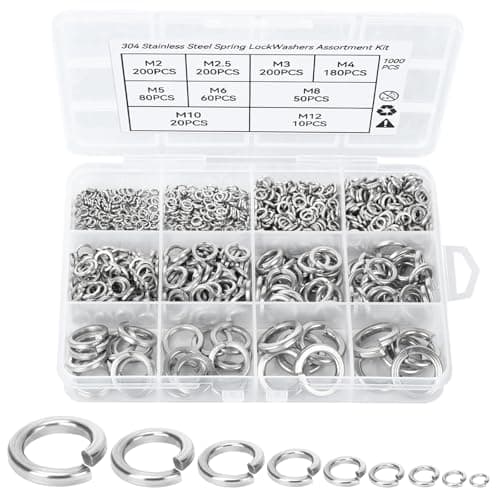 Image of 1000 Pcs Spring Lock Washers, 304 Stainless Steel Split Lock Washer, M2 M2.5 M3 M4 M5 M6 M8 M10 M12 Washer for Tightening Screw, Spring Washers Assorted for Home, Factories, Kitchens, Shops