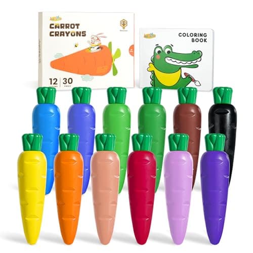 Image of JUPITEARTH 12 Colors Crayons for Toddlers 1-3, Non Toxic Beeswax Carrot-Shaped Toddler Crayons with 30-Page Coloring Book and 120 PDF Pages, Mess-Free Coloring for Kids Ages 2-4 4-8 Art Supplies Gift