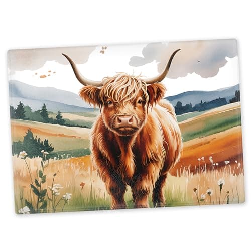 Image of Highland Cows Glass Chopping Board Painted Look Large Kitchen Worktop Saver 40cm x 30cm
