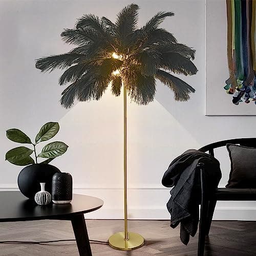 Image of JAMCHE Black Floor Lamp for Living Room Feather Floor Lamp 3 Color Temperatures 1.6m Standing Lamp with Foot Switch Golden Lamp Body for Living Room Bedroom 6 Bulb (Black)